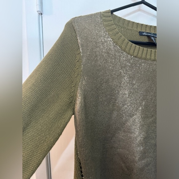 Kenneth Cole Olive Green Bronze Metallic Merino Wool Blend Knit Chain Sweater S - Picture 2 of 13